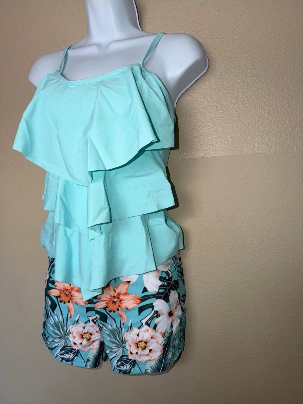 New Girls Turquoise Tiered Ruffle Swim top and shorts bottoms 13-14years